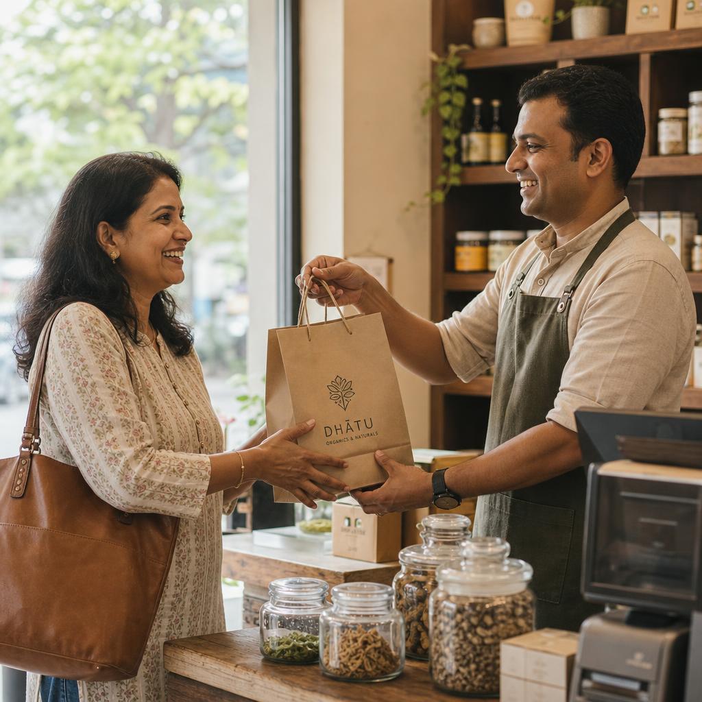A delighted shop customer handed her order by an attentive team member