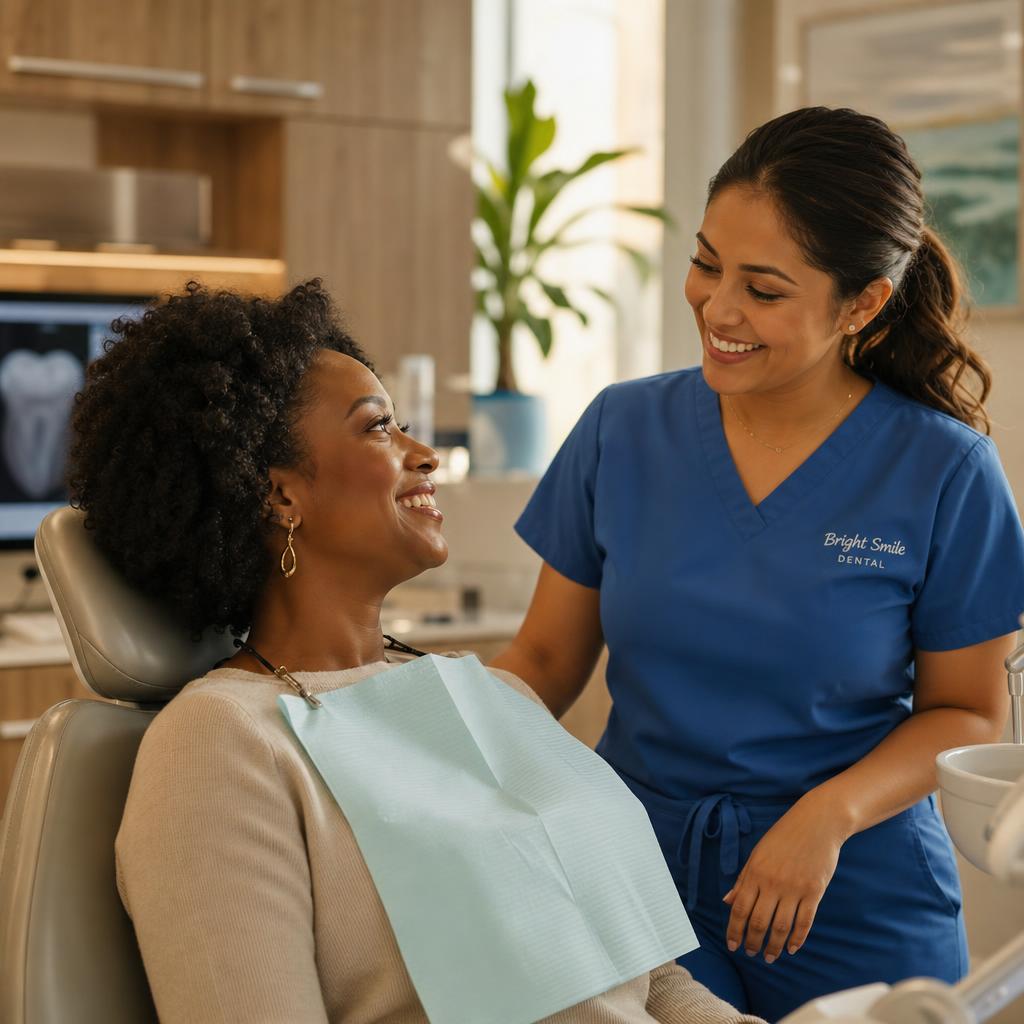A happy dental patient and hygienist sharing a genuine moment