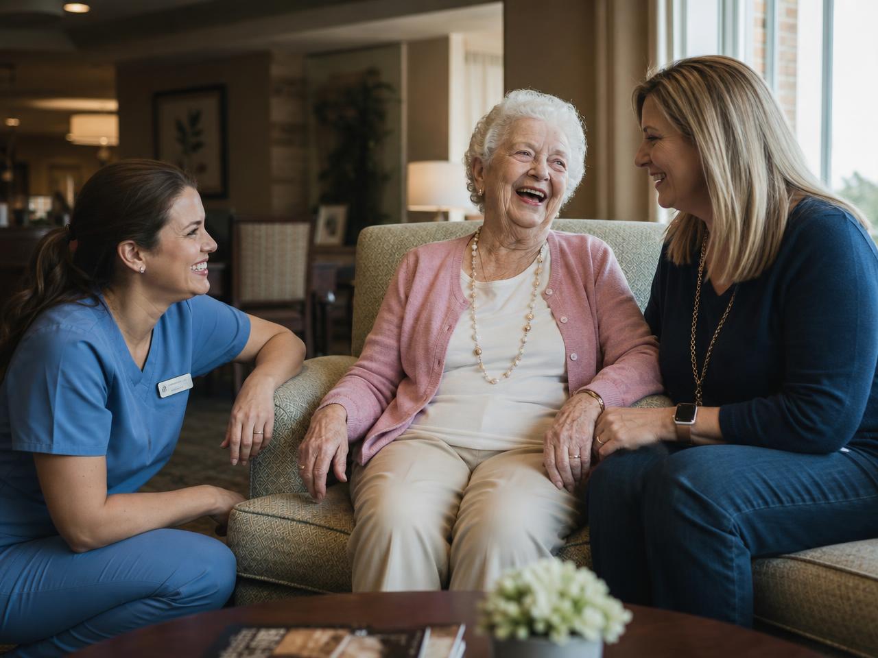 A joyful senior resident laughing with a caregiver and her daughter