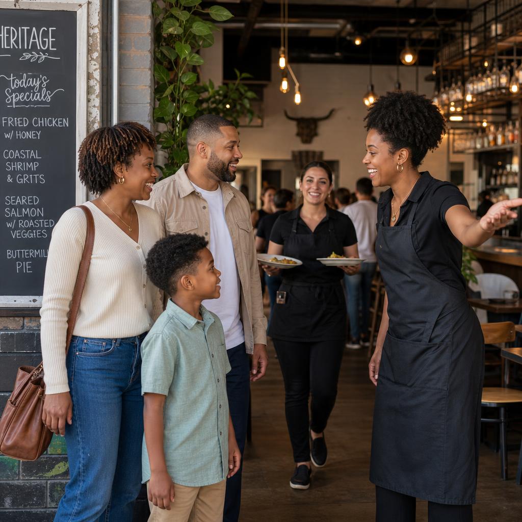 A family warmly welcomed by an energized restaurant team
