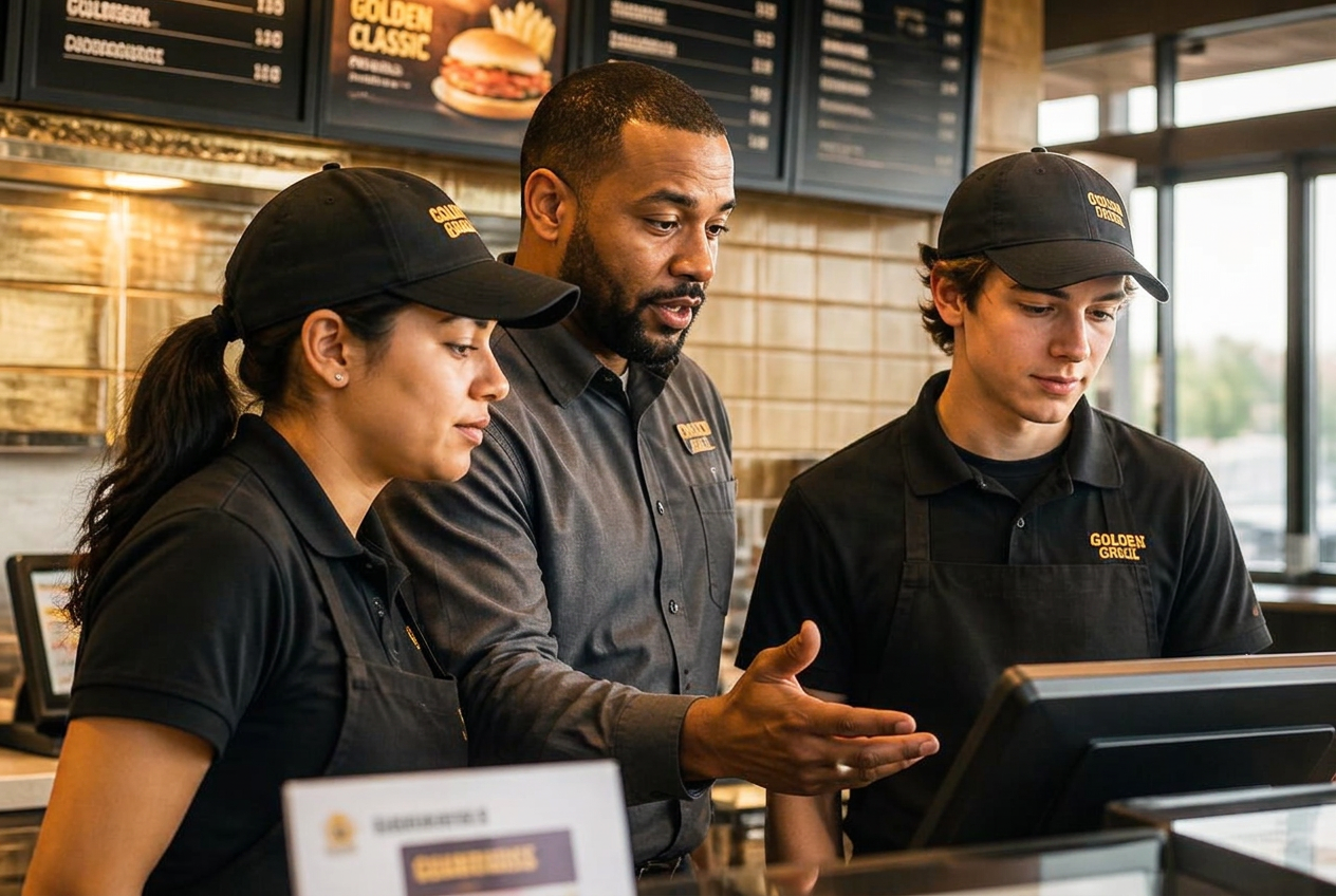 A franchise general manager coaching two team members behind the counter