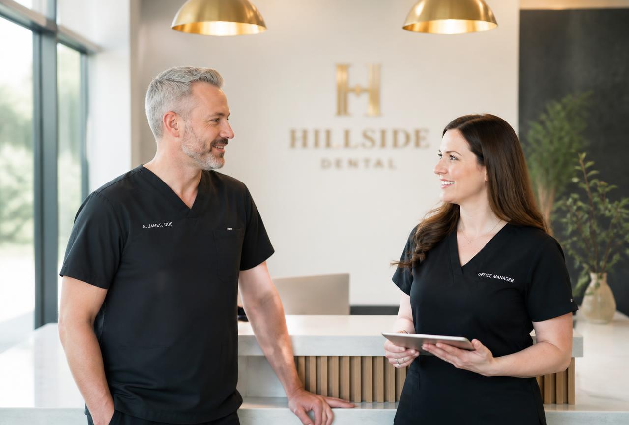 A dentist and office manager talking together at the front desk of a modern practice
