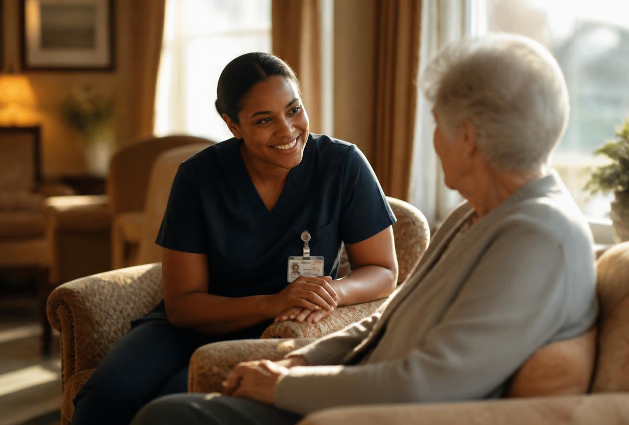 A caregiver sitting and talking warmly with a senior living resident