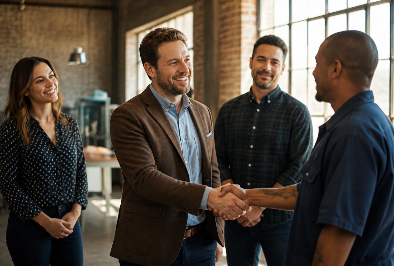 A new owner shaking hands with a member of the team they inherited