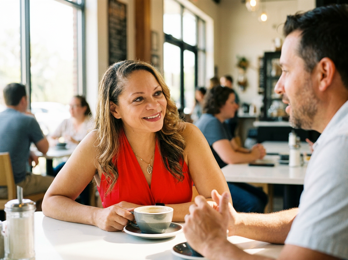 LaShena leaning in over coffee, listening to a business owner