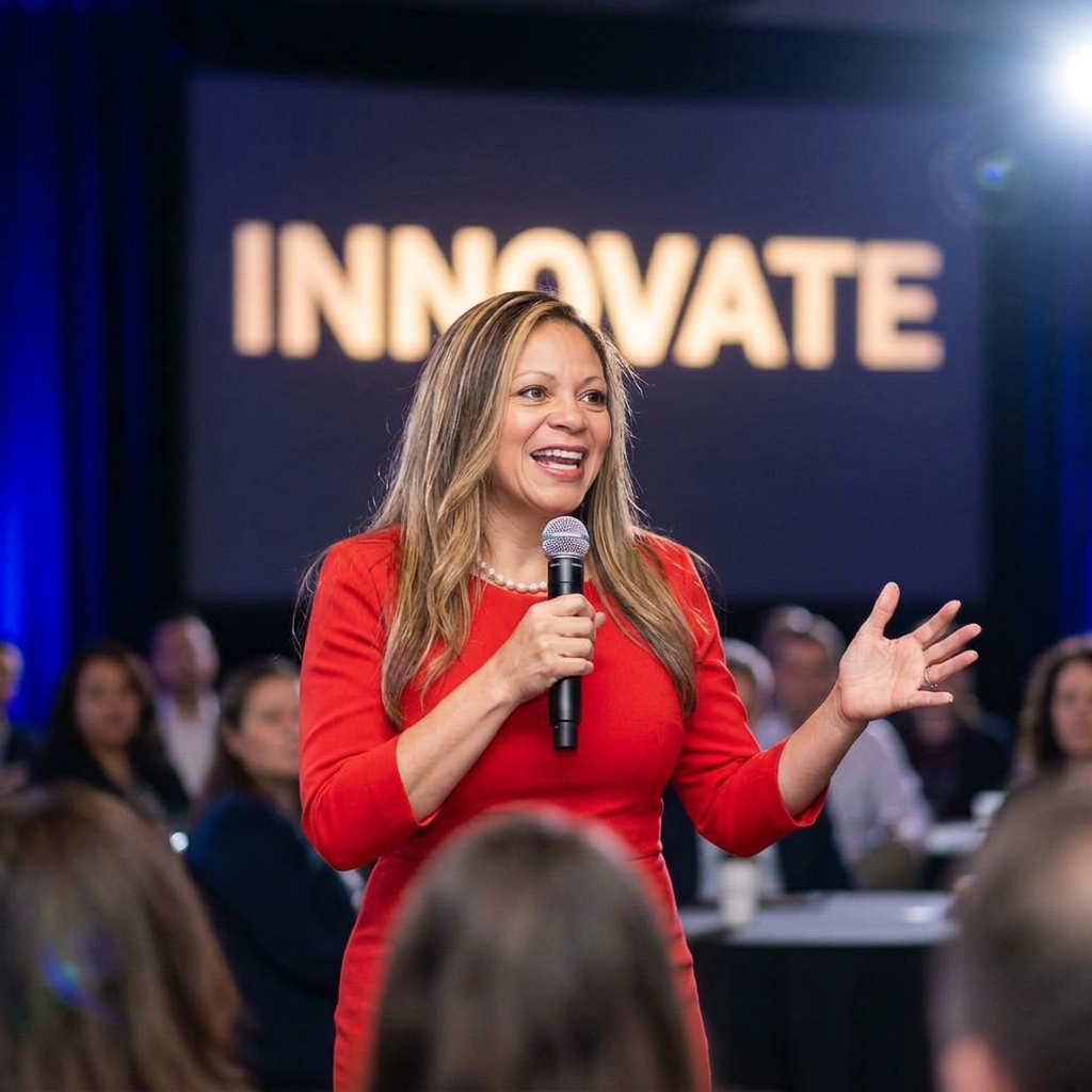 LaShena speaking on stage at a conference, arms open to the audience